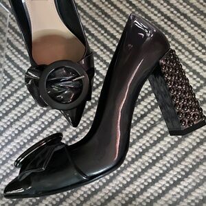 SPAZIO MODA Dk Metallic Gray Vero Cuoio Leather Pointed Toe Studded Heels Sz 38